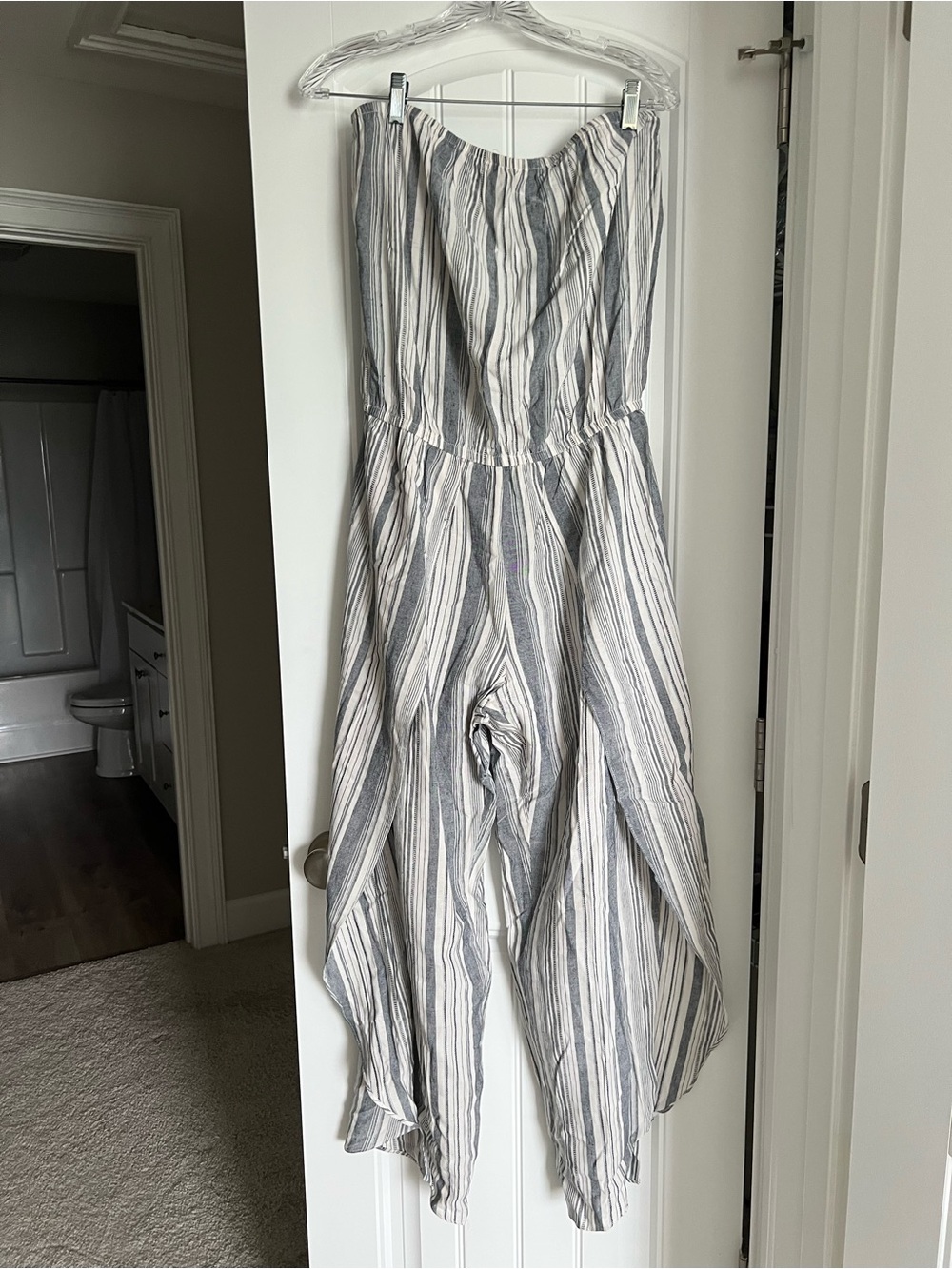 DREW Strapless Wide-Leg Striped Jumpsuit in White and Blue
